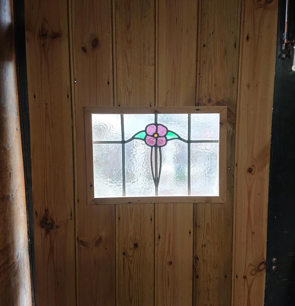 <p>Ledge and Brace Door with Stain Glass window</p><p>Made from Reclaimed Pine</p><p>32 1/2" x 78"</p>